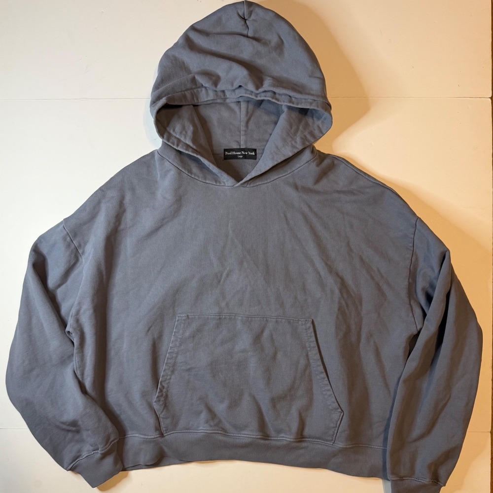 Pool House New York Mens Hoodie Slate Blue Grey Cotton French Terry Large USA